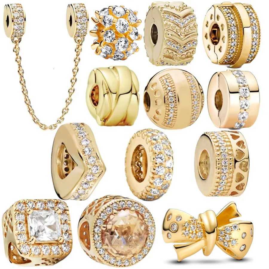 Golden Clip Safety Chain Spacer Series Sparkling Heart Fit Original 925 Sterling Silver Bracelet Charm Bead DIY Women Jewelry XJ250726