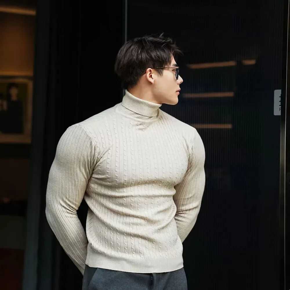 New Mens Turtleneck Sweaters Autumn Knitted Striped Streetwear Warm Long Sleeved Pullover Solid Color Basic Style Casual Tops Z250725