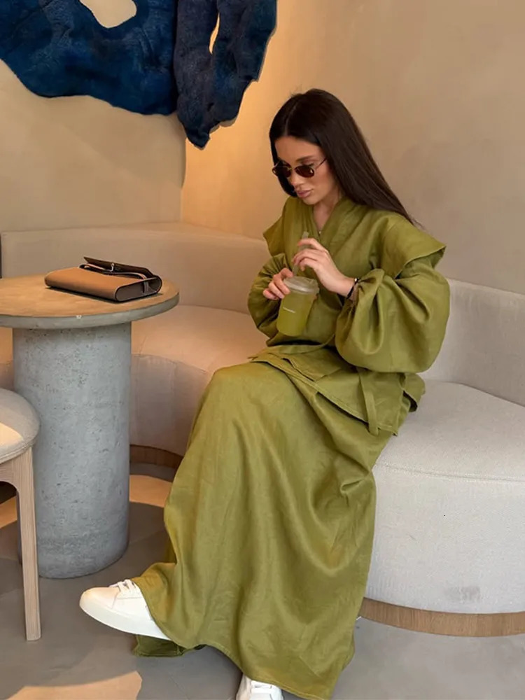 Elegant Womens Lace Up Shirts Skirts Suit Long Sleeve Loose Solid Lady Sets 2025 Summer Fashion 2 Pieces Set Women Vacation 250725