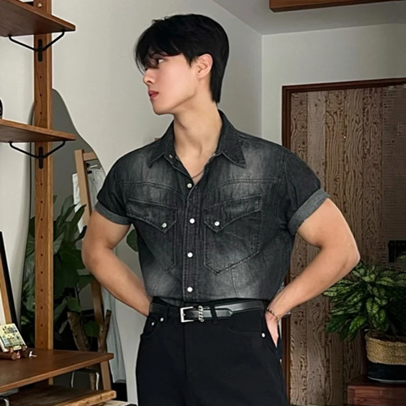 IEFB Niche n Mens Denim Shirts Turndown Collar Single Breasted Washing Solid Color Short Sleeved Loose Male Tops 9W2513 250725