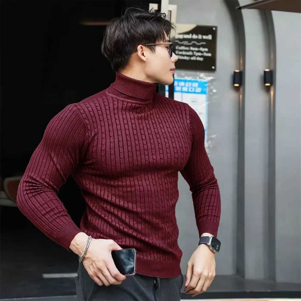 New Mens Turtleneck Sweaters Autumn Knitted Striped Streetwear Warm Long Sleeved Pullover Solid Color Basic Style Casual Tops Z250725