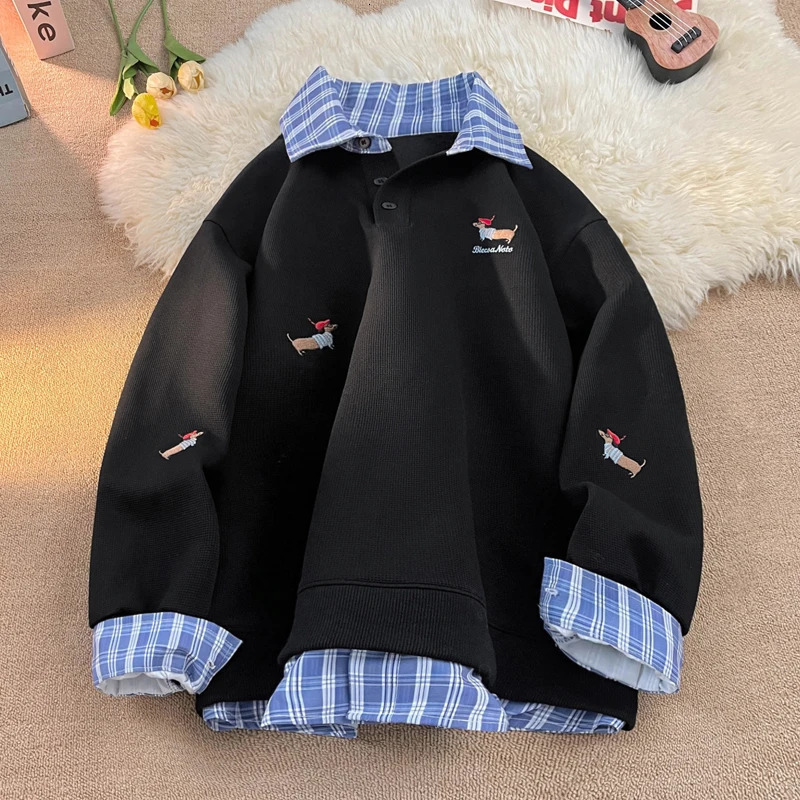Plaid Patchwork Two Sweatshirt College Style Puppy Embroidery POLO Collar Sweatshirt Men Women Loose Pullover Tops 250725