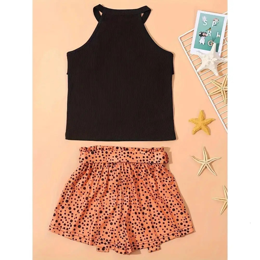 2PCS Girls Trendy Outfit Halter Neck Camisole Polka Dot Pattern Shorts Set Kids Summer Clothes 250725