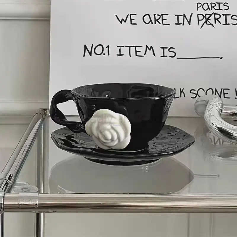 Creative French Style Camellia Coffee Cup With Saucer Handcrafted Irregular Flower Black Ceramic Mug Korean 3D White Rose Cup M250726
