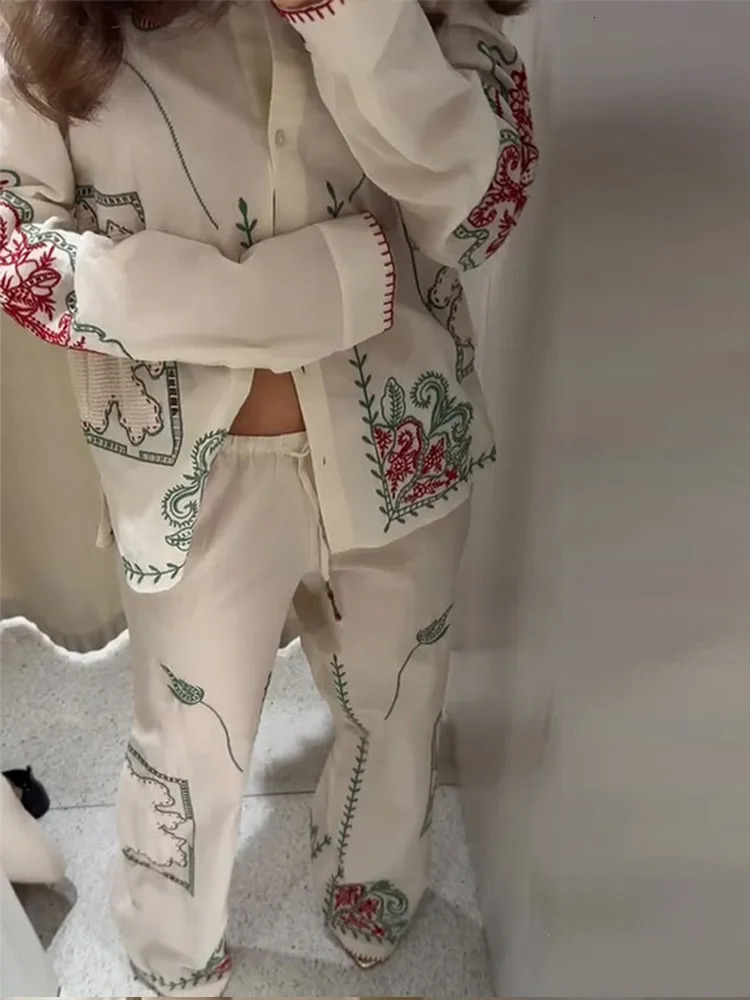 Print Womens Two Piece Suit Turn-down Collar Full Sleeve Single Breasted Top Loose Straight-leg Pants Chic Lady Casual Outfits 250723