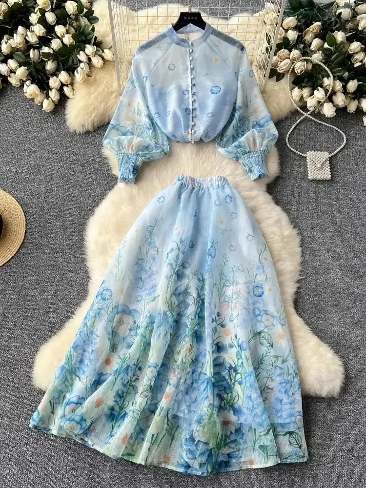Summer Holiday Organza Gorgeous Flower 2 Piece Set Women Long Lantern Sleeve Shirt Blouse and Elastic Waist A Line Skirt Suit 250725