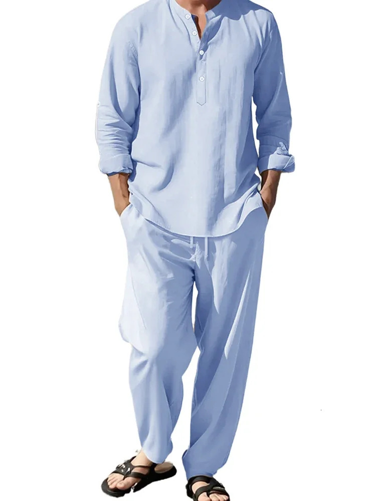 2pcs Shirt Pants Set Long-sleeved Henry Shirt Trousers Suit Sense of Texture Vacation Light Breathable Draped Mens Clothing 250725