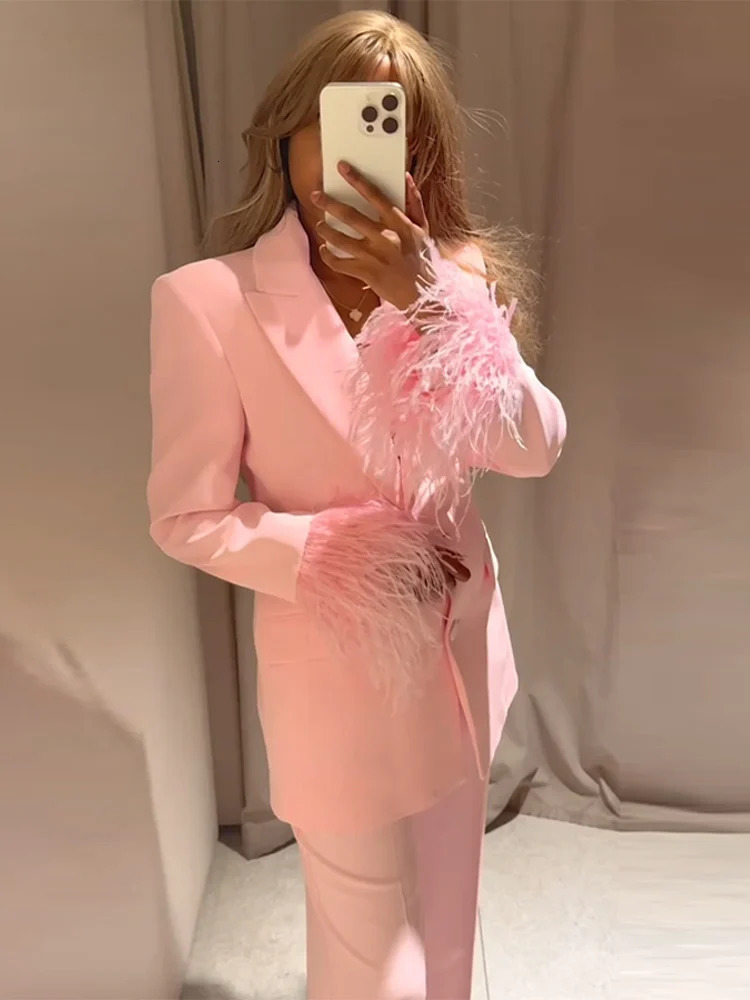 Feather Cuff Blazer Pants Set Women Pink Lapel Long Sleeve Button Jackets Wide Leg Pants Summer Lady Pockets Outfit 250723