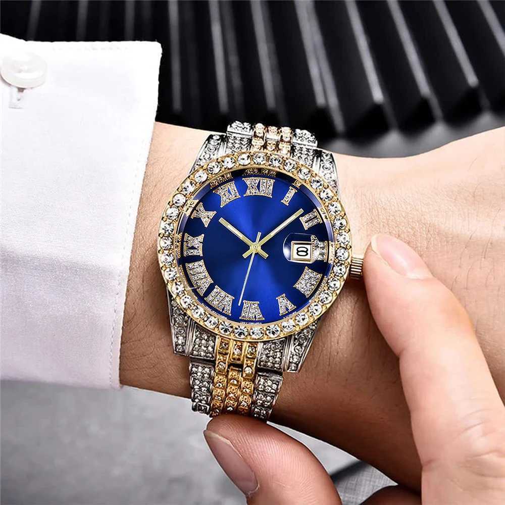 Fashion Luxury Brand Quartz Watches Men Hiphop Rhinestones Cuban Chain Bracelet Set Auto Smart Business Watches Gifts For Him X250726