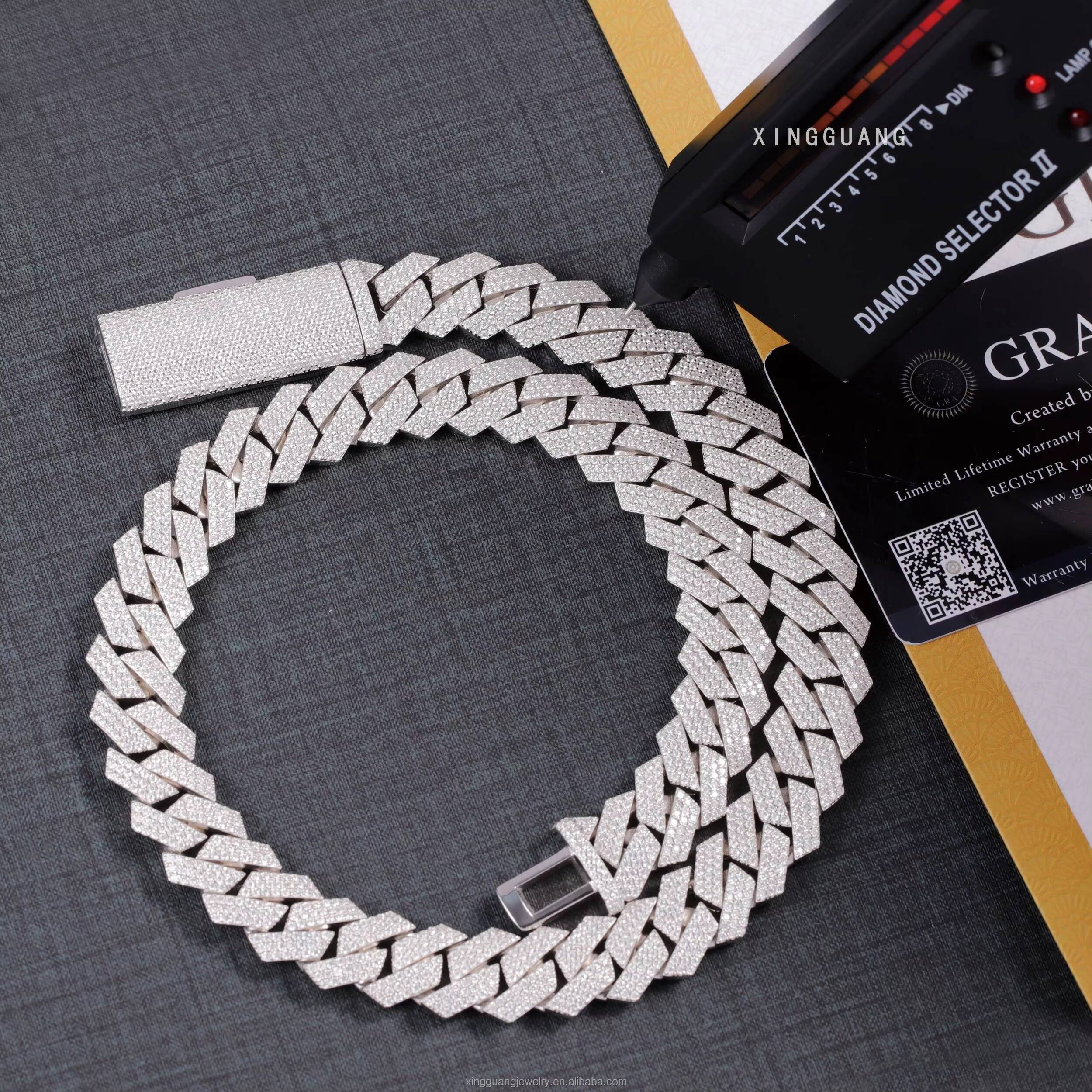 Hip Hop Jewelry Cuban Link Chain Necklace 3rows 15mm 925 Sterling Silver VVS Moissanite Iced Out Diamond Cuban Chain for Men