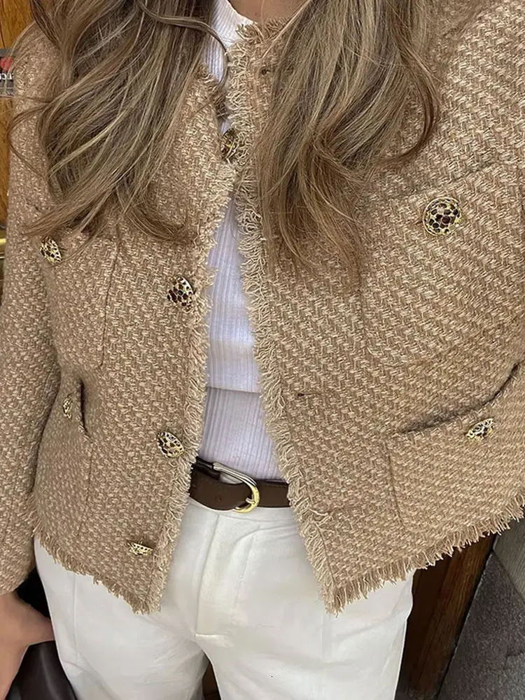 TRAFZA Autumn Fashion Women Short Jacket Camel Tweed Long Sleeve Button Frayed Cropped Tops Elegant Y2k Vintage Chic Coats 250725