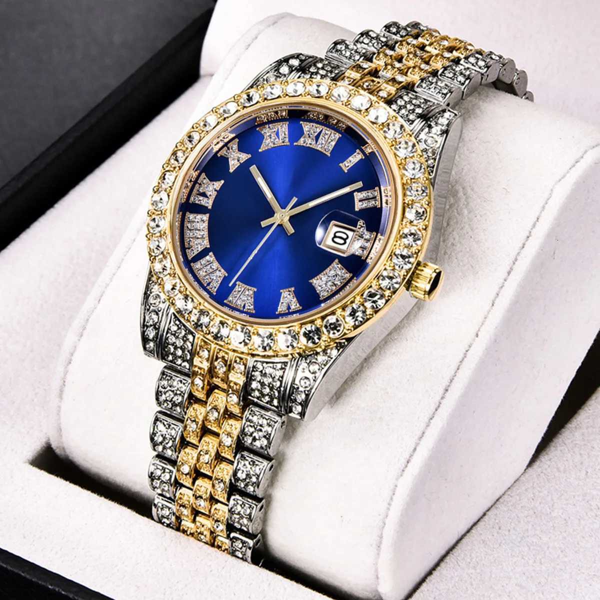 Fashion Luxury Brand Quartz Watches Men Hiphop Rhinestones Cuban Chain Bracelet Set Auto Smart Business Watches Gifts For Him X250726