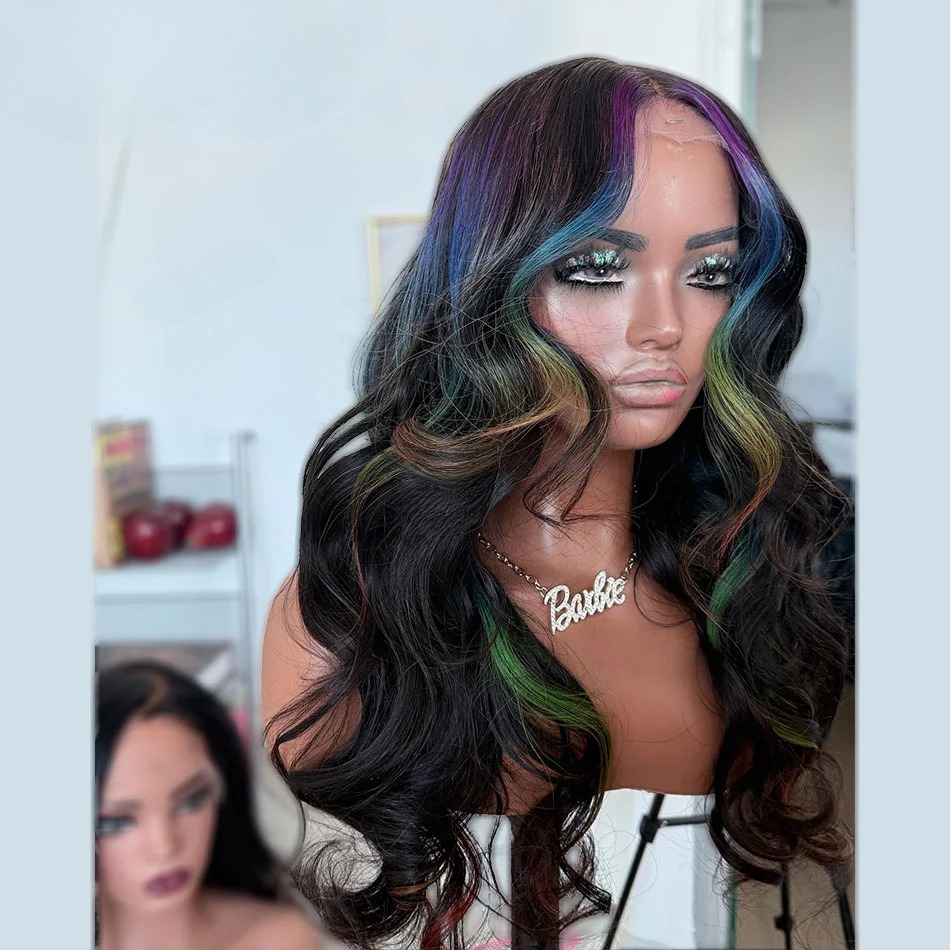 Highlight Ombre Purple Blue Green Multicolor 13x4 Transparent Lace Frontal Wig Synthetiv Body Wave PrePlucked Ready Go Closure Wig pelucas de mujer