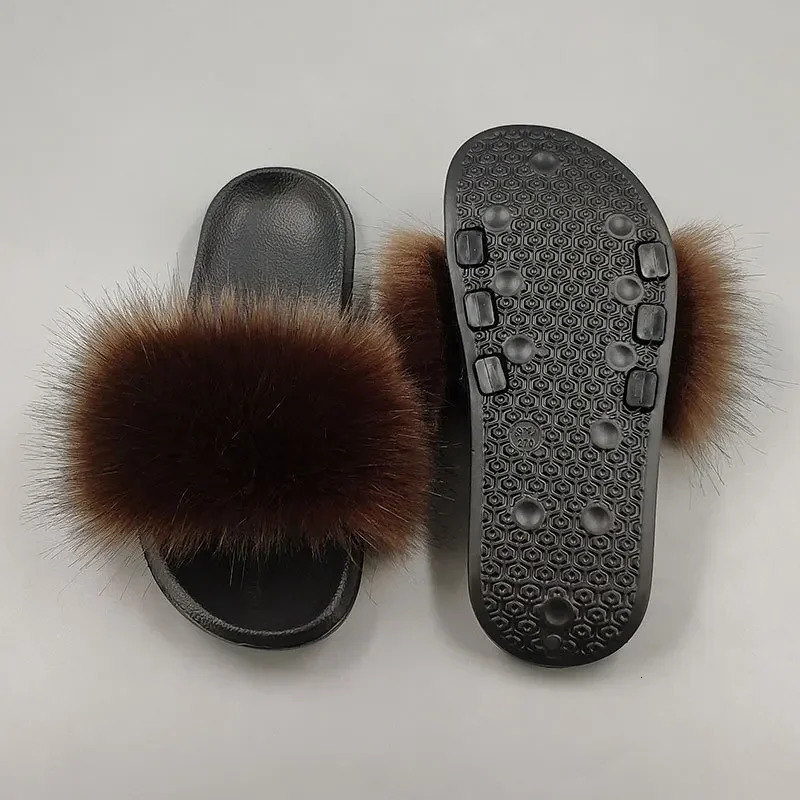 Women Summer Casual Fluffy Slippers With Fur Flat Non-Slip Real Fox Fur Furry Slides Large Size Shoes Fur Sandals 250724