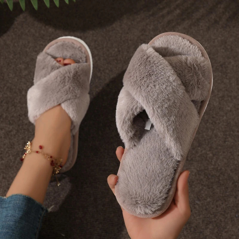 Fashion Women Fluffy Slippers Cross Band Soft Plush Cozy House Shoes Furry Open Toe Indoor Outdoor Slip Warm Anti Skid Sole 250724