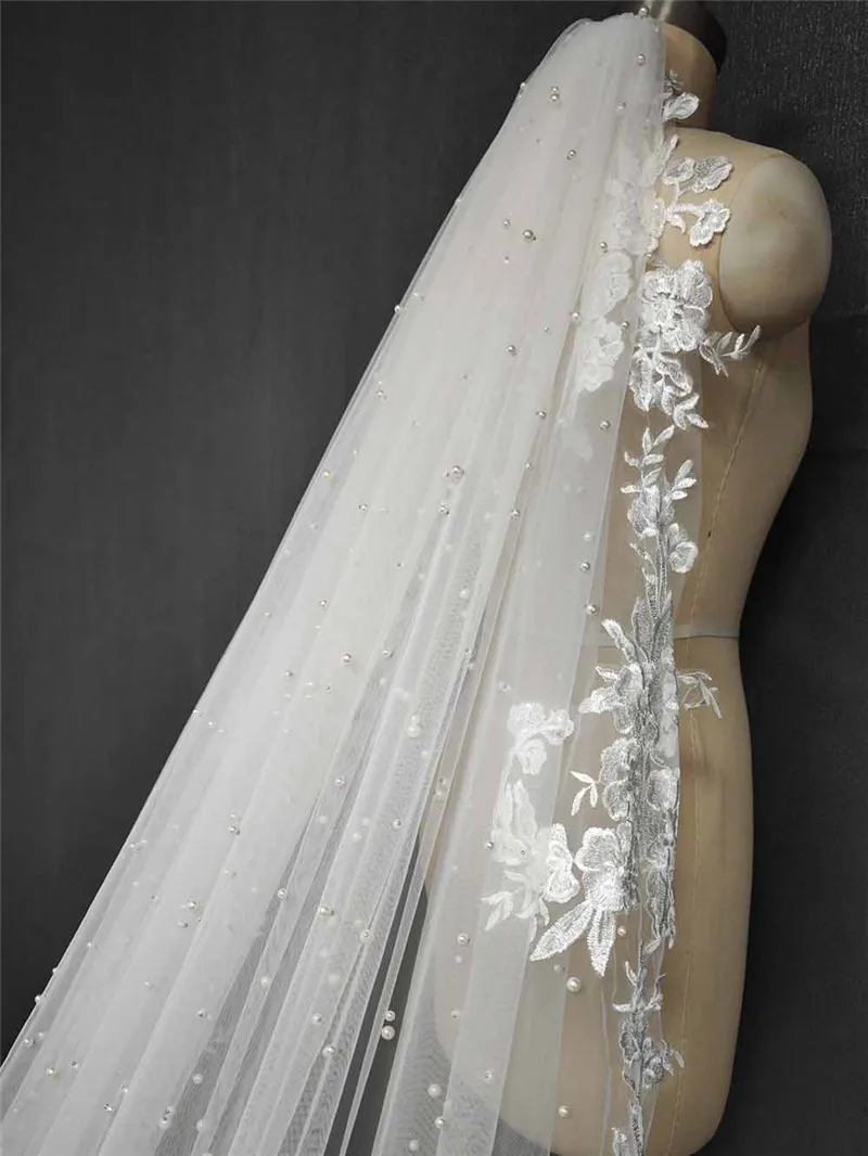 Customized 3M Wide Pearls Wedding Veil with Lace Appliques Cathedral Length Single Tier Bridal Veil Luxuary Pearl Wedding Accessories