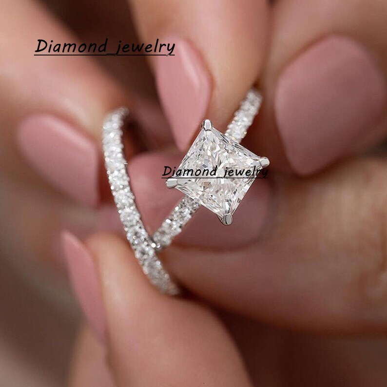 Luxury Women Moissanite Ring Gold Princess Cut Ring Set Lab Grown Diamond 18K White Moissanite Diamond Ring