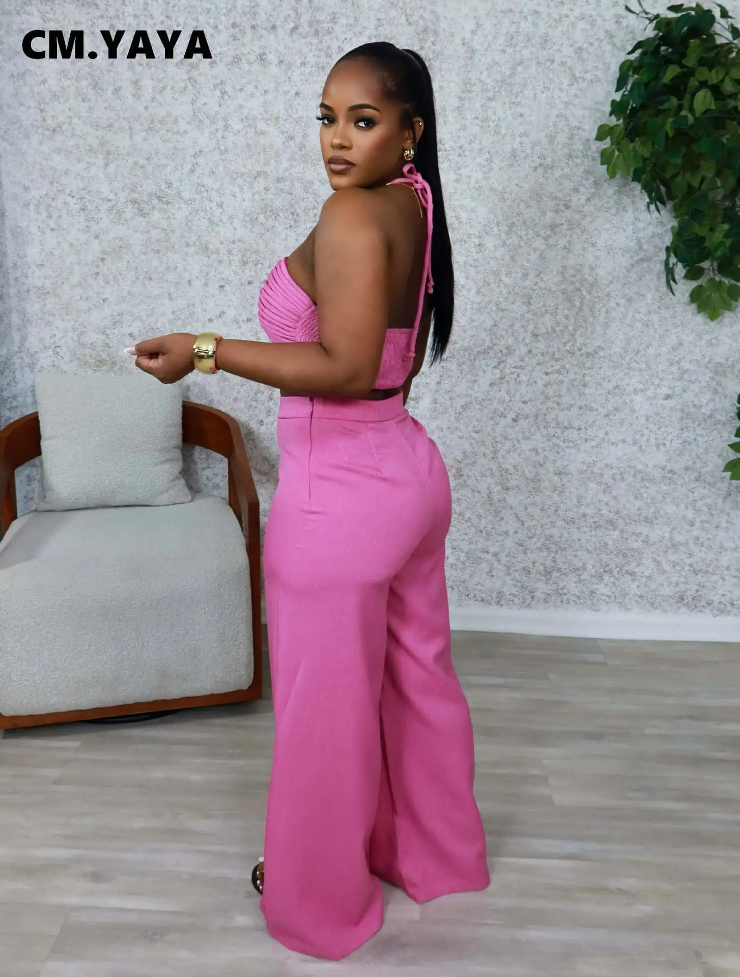 100% Cotton Womens Set Strapless Ruched Halter Top and Wide Leg Pants Suits Street Party Two 2 Piece Sets Outfits Tracksuit 250723