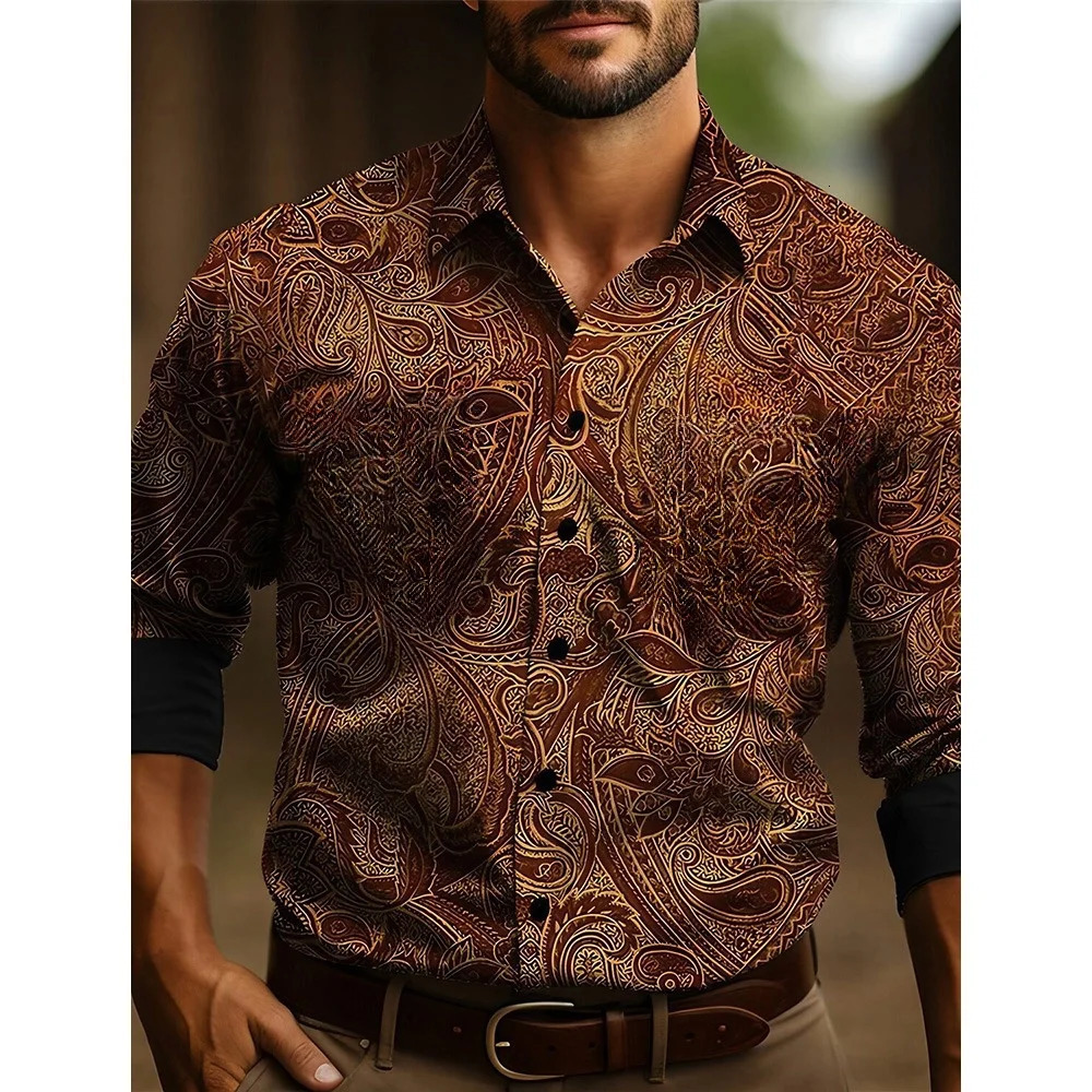 Mens longsleeved shirt Four seasons casual lapel button down denim retro ethnic totem style breathable soft 250725