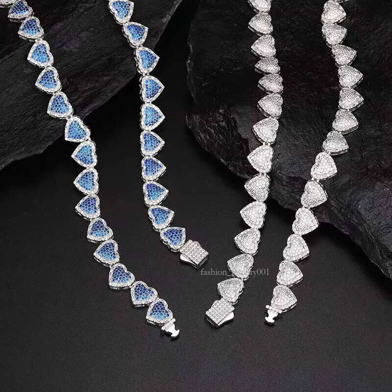 Valentine Day Gift High Quality Fashion Sier 10mm Shape Vvs Moissanite Dia Blue CZ Heart Tennis Chain