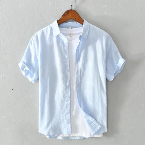 Breathable Shirt Men's Short Sleeve Slim Fit Top Summer Thin Turn-down Collar Youth Cotton Linen Casual White Mengyu