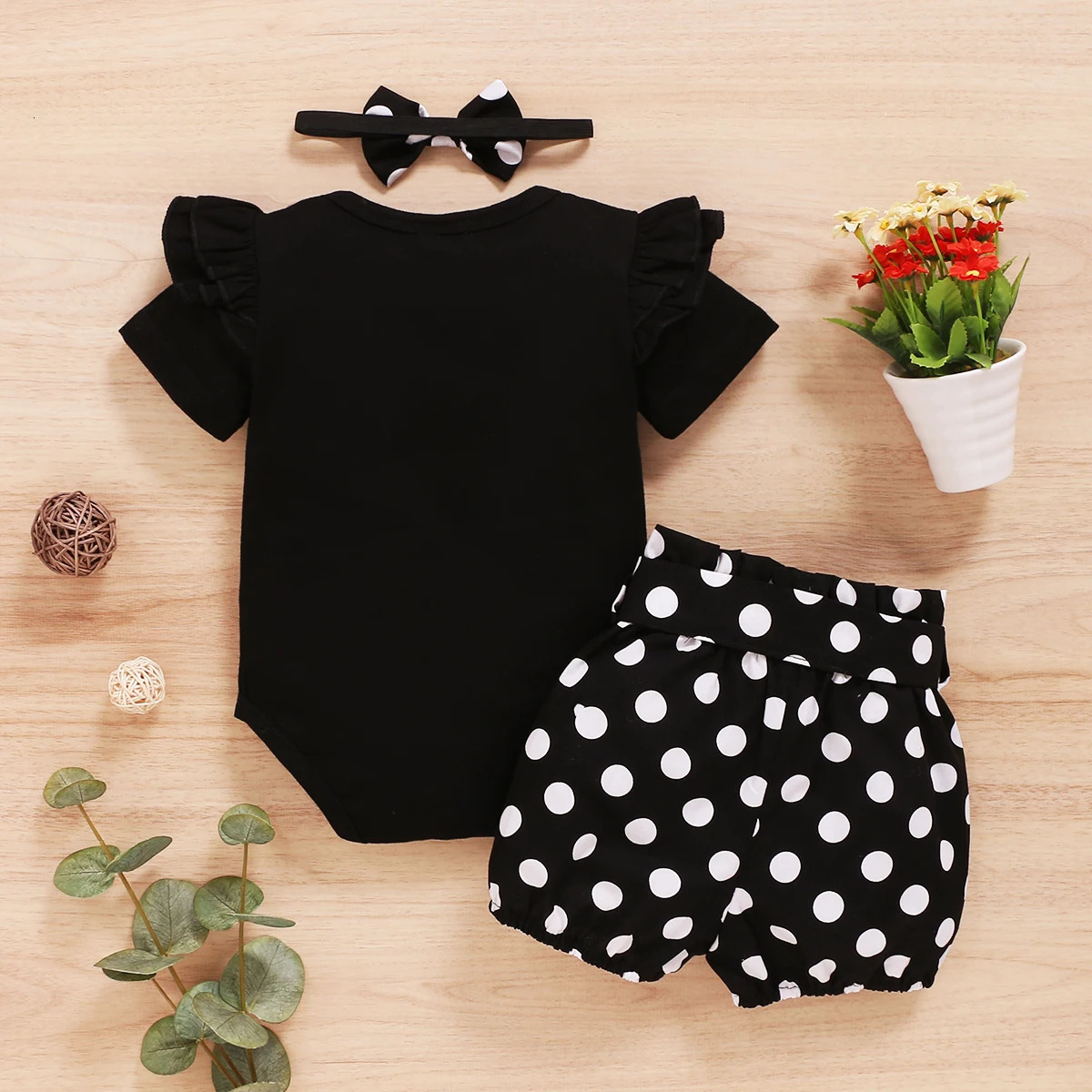 018 Months Infant Baby Girl Set Black Short Sleeve BodysuitPolka Dot ShortsHeadband Toddler Summer Fashion 3PCS Clothing 250725