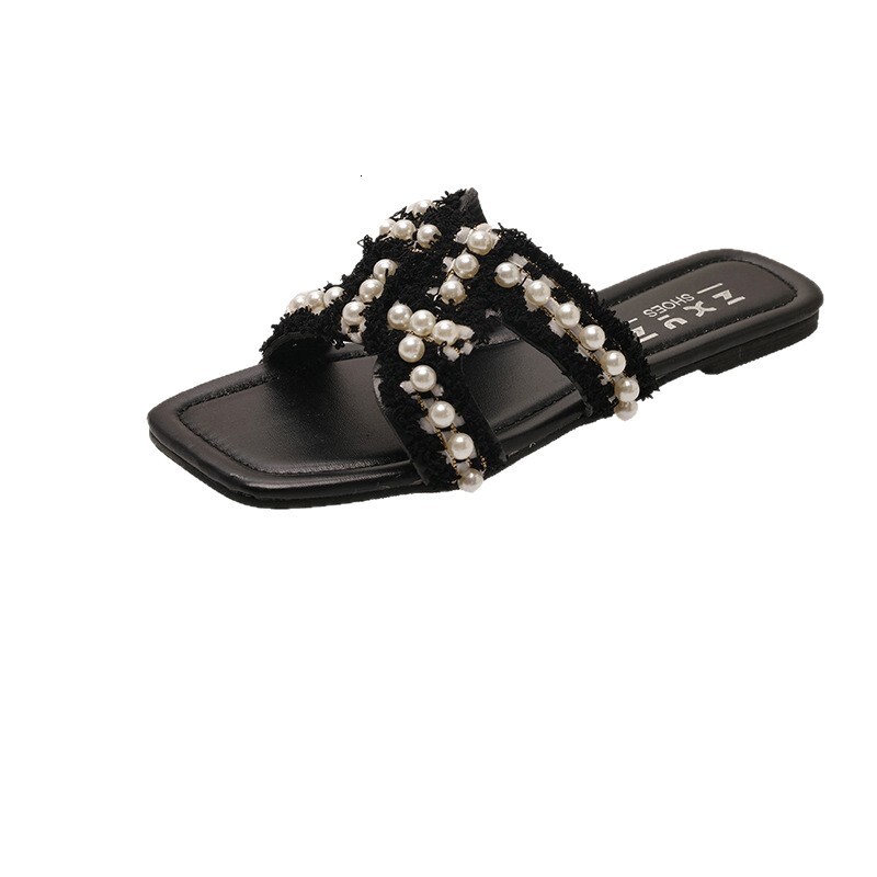 Lanjia- Outdoor Fashion Women's Flat Sandals Casual Retro And Sexy 2025 Summer New Soft-Soled Designer Shoes Fairy Pearl Beach Slippers C35a4