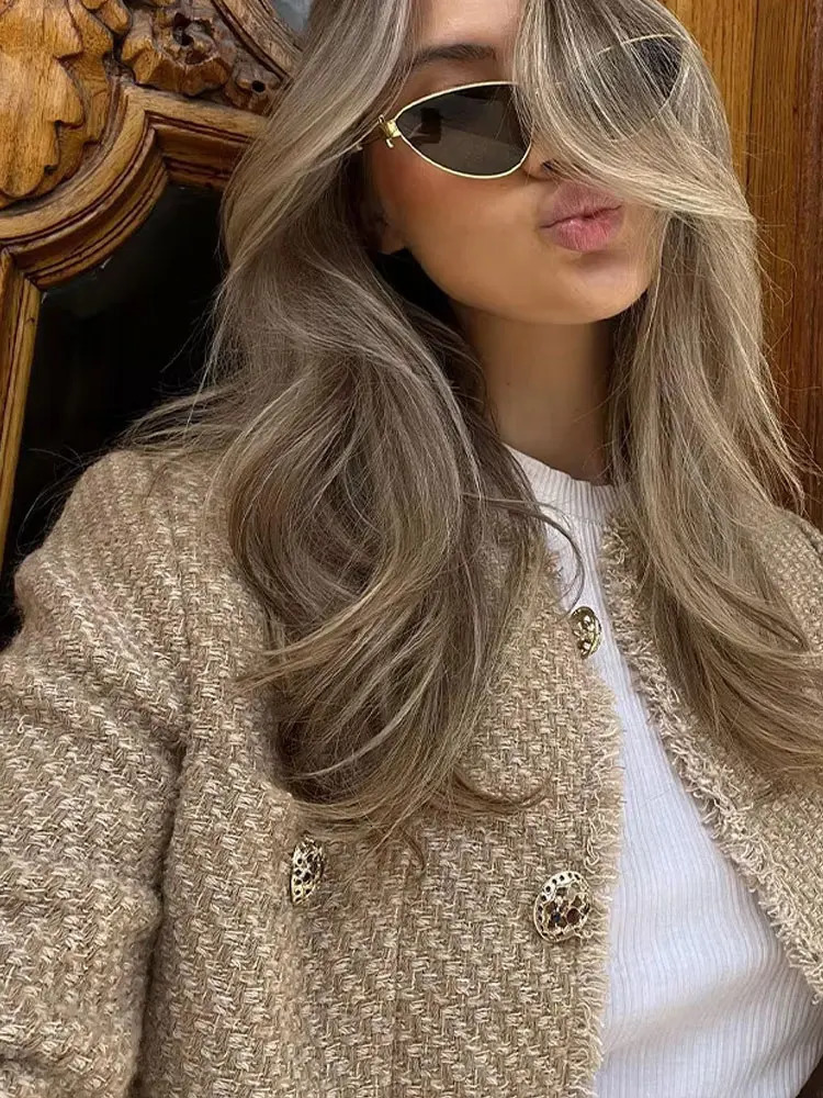 TRAFZA Autumn Fashion Women Short Jacket Camel Tweed Long Sleeve Button Frayed Cropped Tops Elegant Y2k Vintage Chic Coats 250725