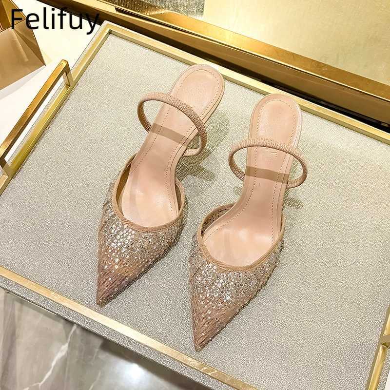 Sexy Rhinestone High Heels Women Fashion Designer Sandals Party Dress Bridal Shoes Mesh Glitter Pointed Toe Muller Pumps Women Z250725