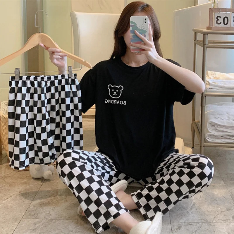 womens summer threepiece pajamas homewear women shortsleeved trousers cartoon leisure set 250717