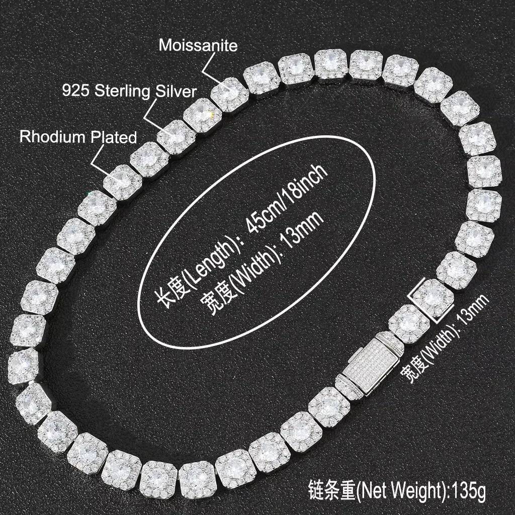 Iced Out Hip Hop Bling Moissanite Diamond With S925 Sliver 13mm Rock Sugar Cuban Chain Mens Necklace