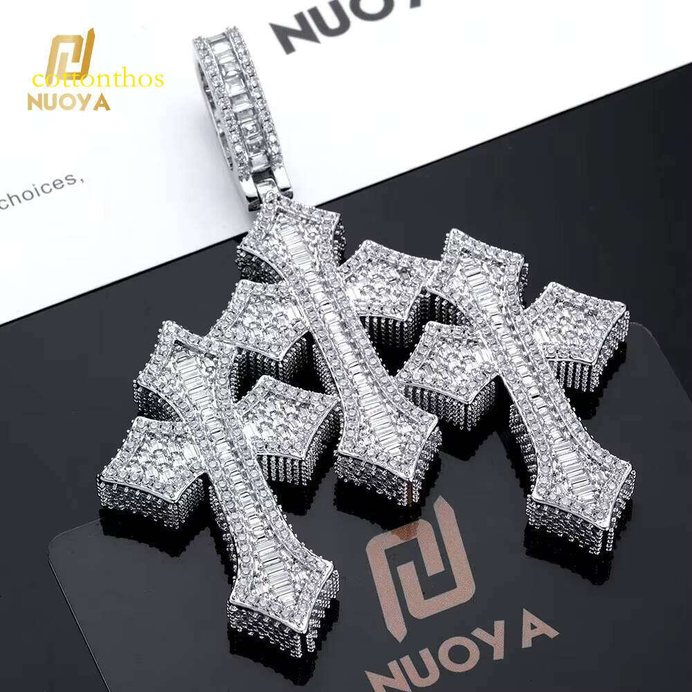 NUOYA Fine Jewelry Pass Dia Tester Large Hip Hop for Men Women Iced Out Baguette Moissanite Three Cross Pendant