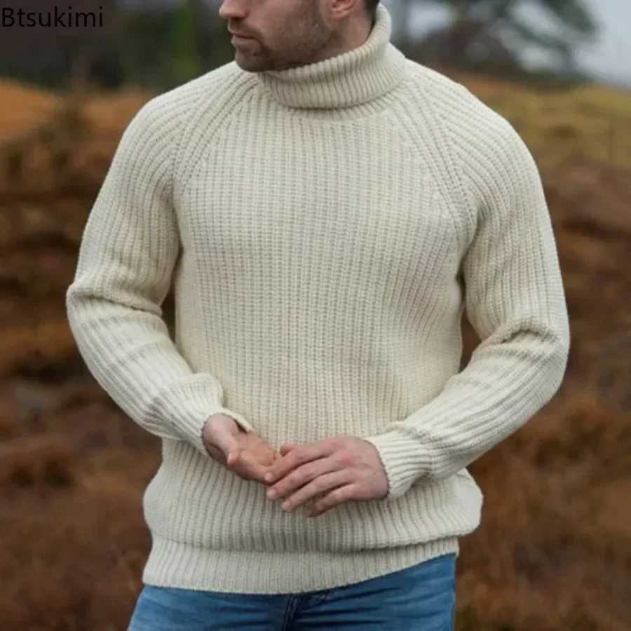 2025Mens Thick Warm Turtleneck Sweater Solid Autumn Winter Retro Knitted Sweaters Simple Men Elastic Pullovers Loose Casual Top Z250725
