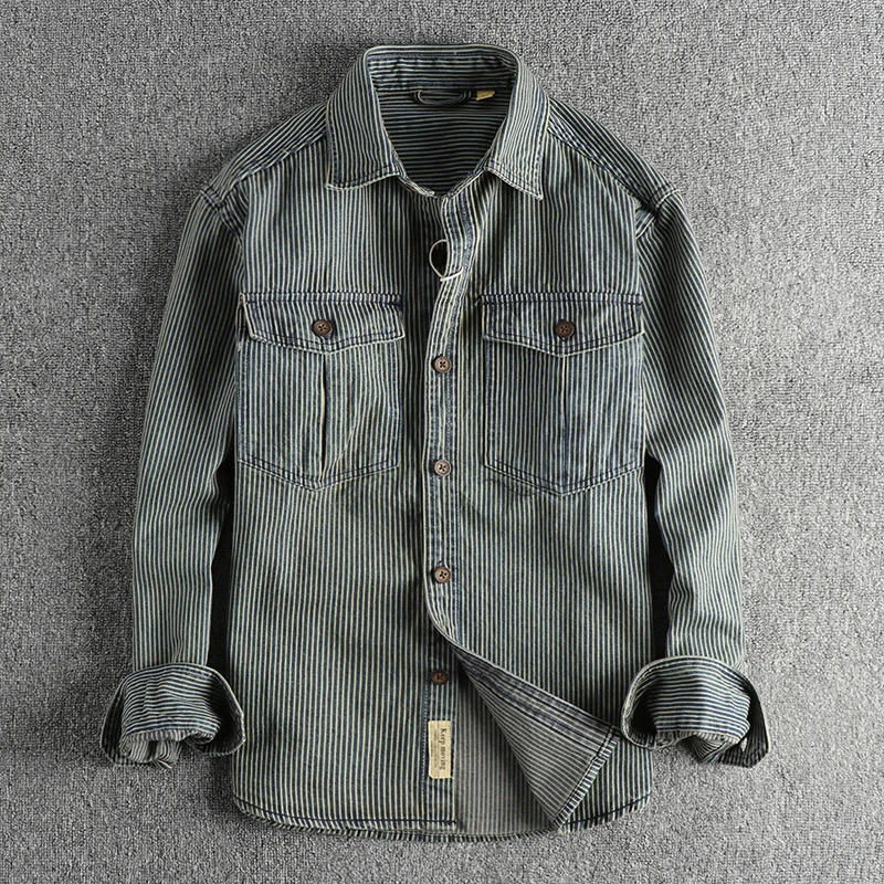 Yarndyed striped fabric washed to make old vintage cargo denim shirt for men European and American fashion casual coat 250725