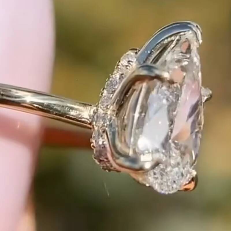Zuanfa Real Yellow Gold Classical Bride Wedding Engagement Jewlery Lab Created Diamond Pear Cut Pear Cut Diamond Ring