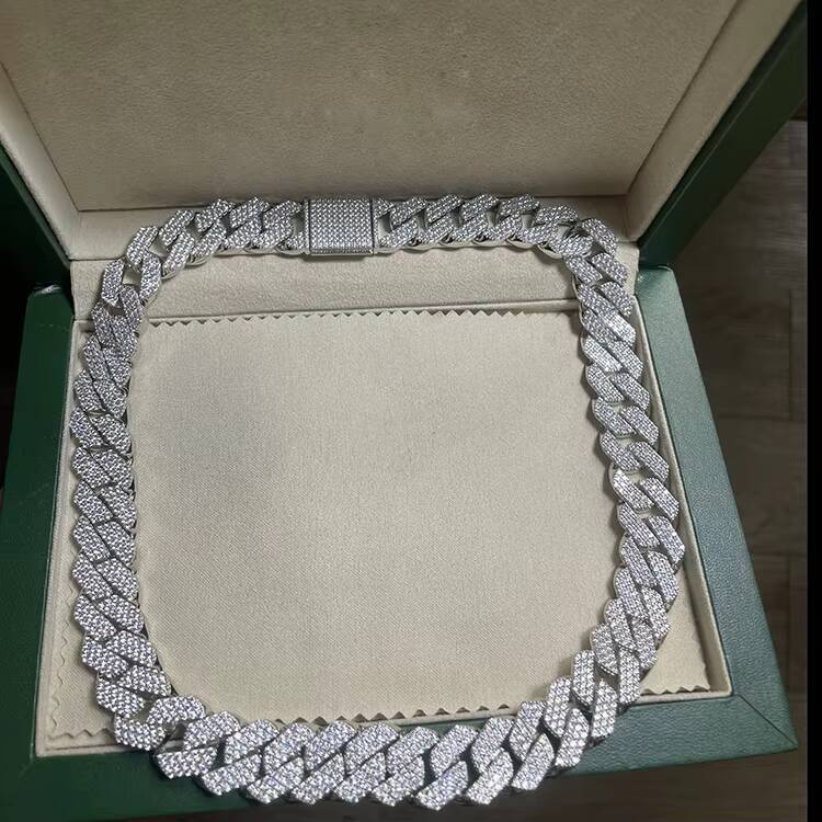 Lightweight and Suitable for Everyday 925 Silver 18mm 3Rows Cuban Chain CZ Diamond Necklace Cuban Link Chain