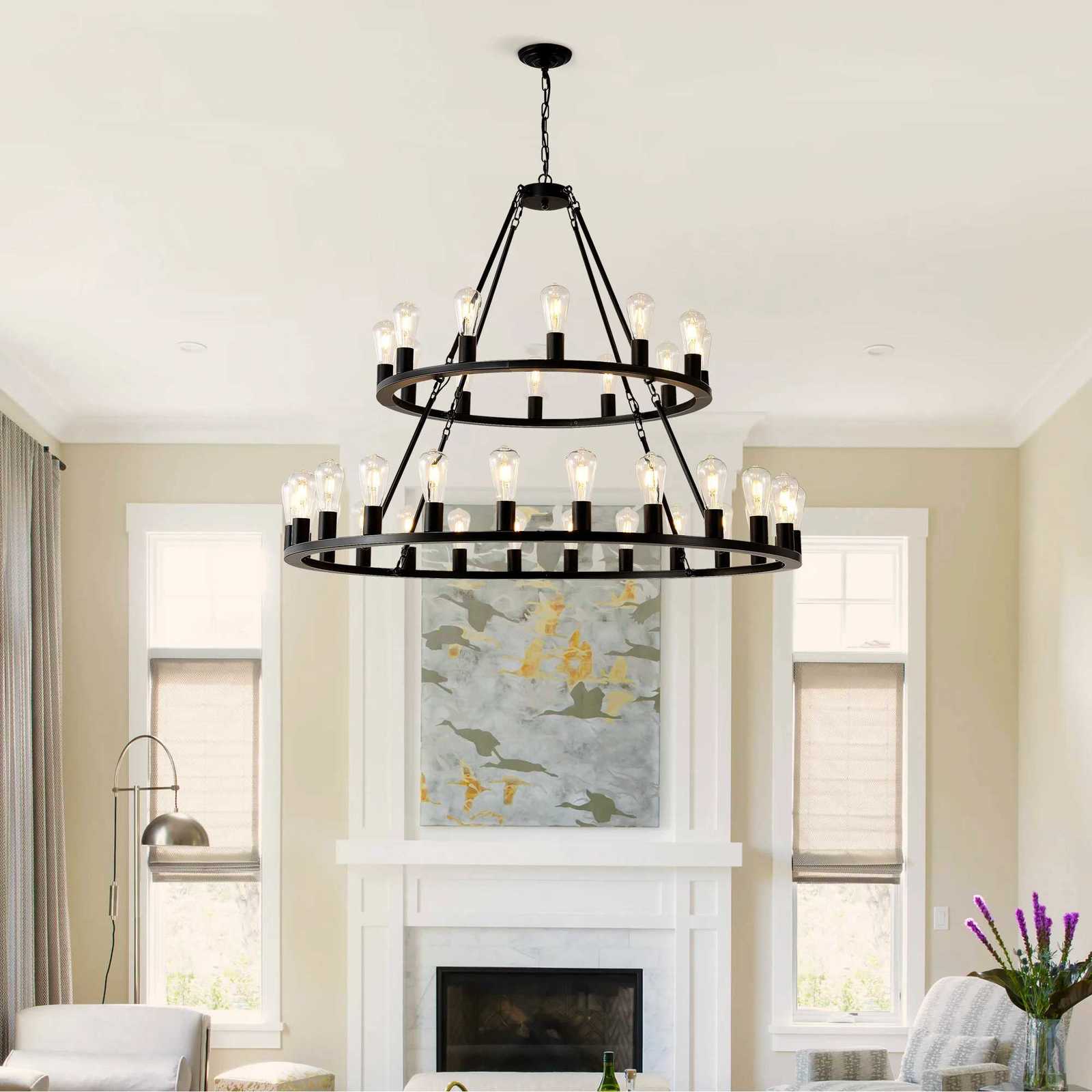 48 Inch Black Extra Large Wagon Wheel Chandelier 2 Tier 36-Lights (Not Included) Farmhouse Industrial Round High Ceiling Pendant Light XJ250725