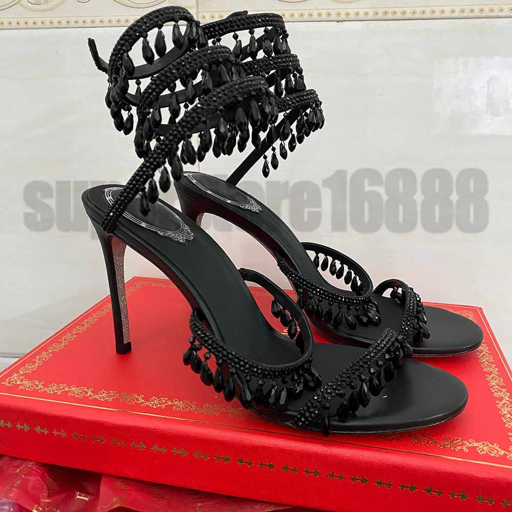 New Crystals Embellished stiletto Heels sandals 95mm Ankle strap Wraparound women high heeled sandal rhinestone flower Evening shoes Large size 34-43 Bring box