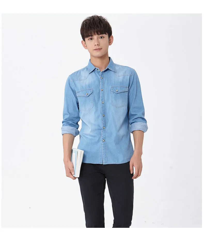 Mens Slim Denim Shirt Spring High Quality Cotton Square Collar Pocket Button Fashion Long Sleeve Jeans 250725