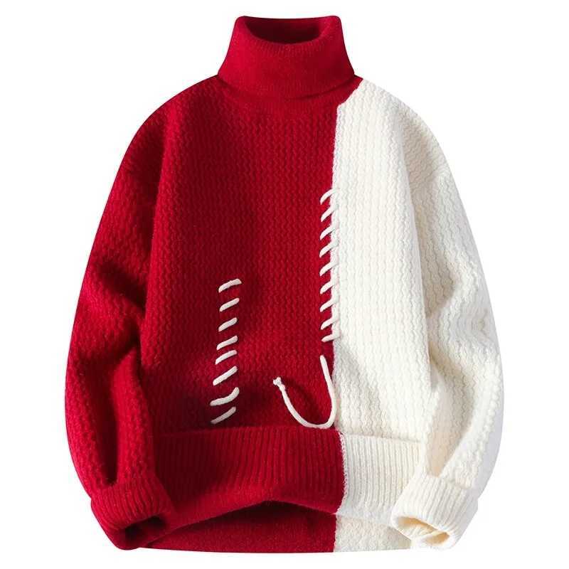 Autumn Winter Mens Knitted Turtleneck Sweater Fashion Patchwork Casual Knit Pullovers Men Loose Warm Pull Sweaters Streetwear Z250725
