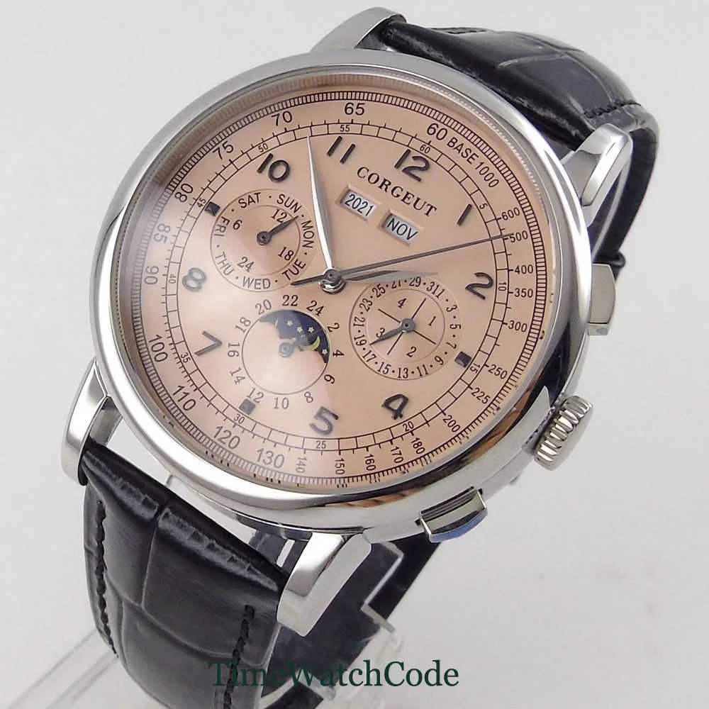 42mm Corgeut Automatic Mens Watch Date Day Month Year Salmon Dial Multi-Function 316L Leather Strap Polished Case Day Night X250726