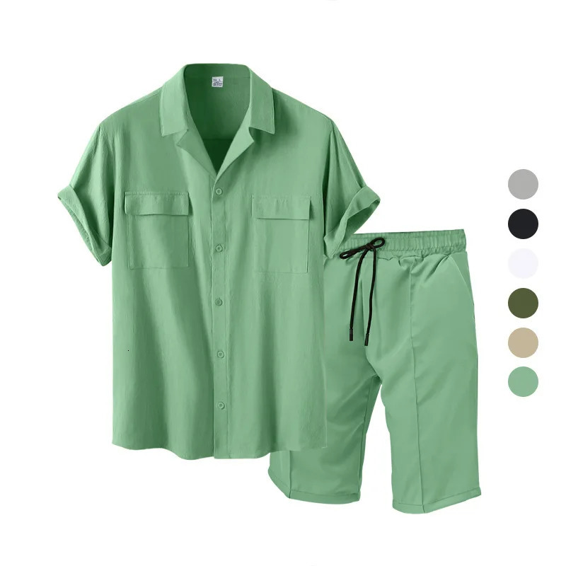 Casual Fashion Mens Suit Summer Beach Style Solid Color Mens Shirt Short Sleeve and Shorts TwoPiece Set Mens Clothing 250724