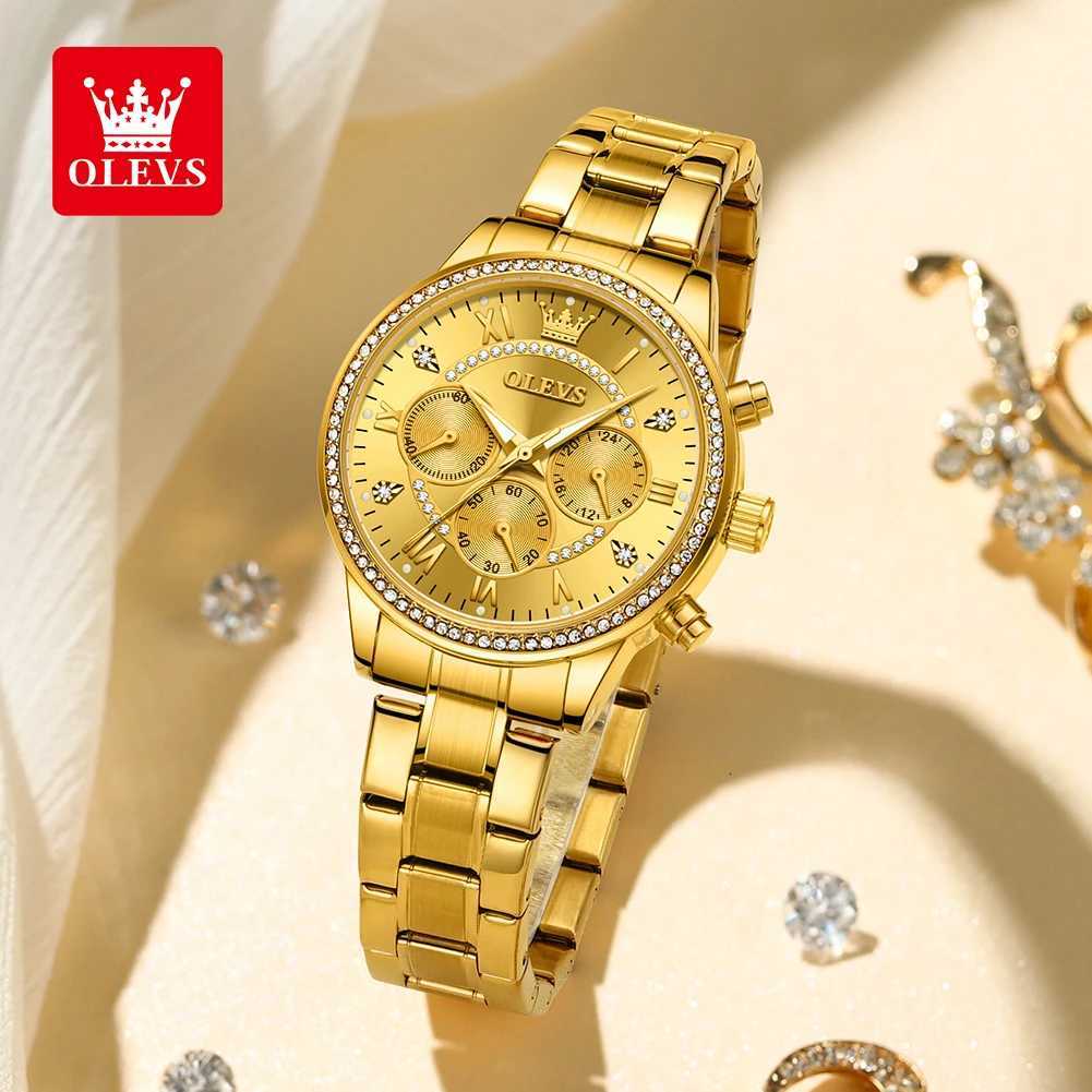 OLEVS Wens Quartz Watch Luxury Diamond Dial Gold Stainless Steel Waterproof Classic Three Small Dials Watch for Wen New In X250726