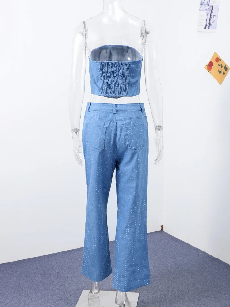 Sexy Sequin Denim Vest Pants Set Women Y2K Solid Sleeveless Tube Crop Top High Waist Zipper Jeans Fashion Street Party Sets 250723