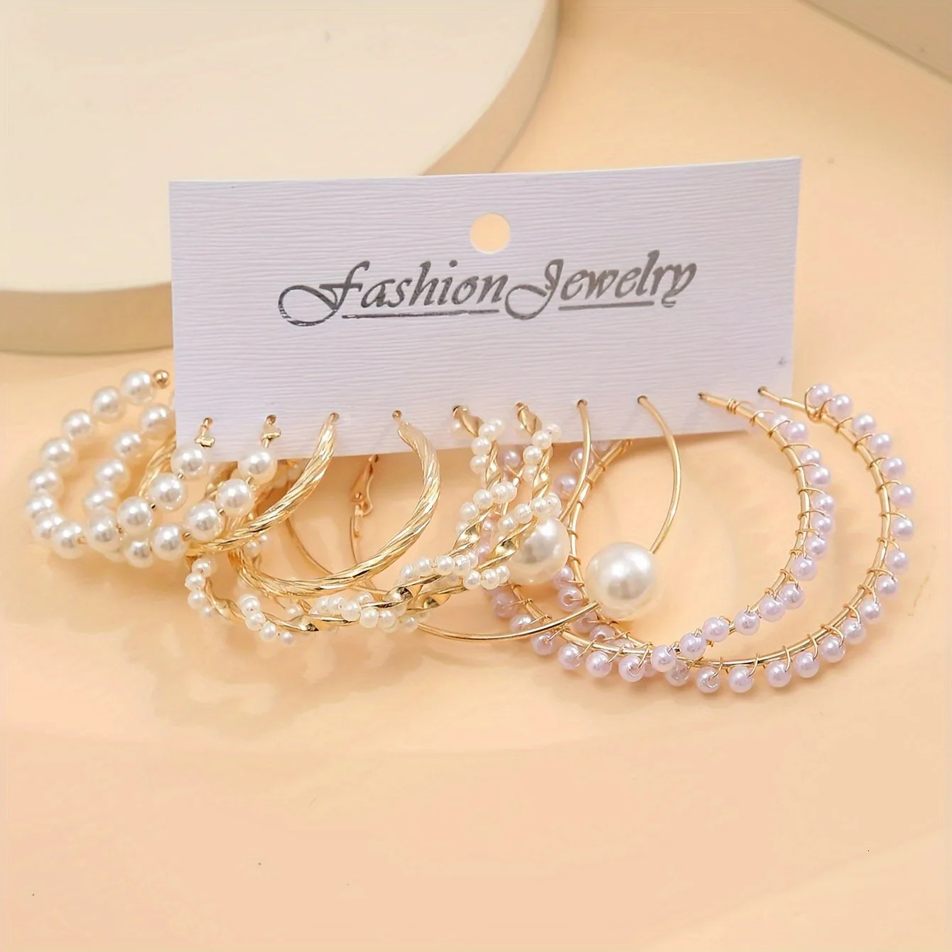 5 Pairs Elegant Wrapped Pearl Round Hoop Earrings Exaggerated Geometry Big Party Set Jewelry 250715