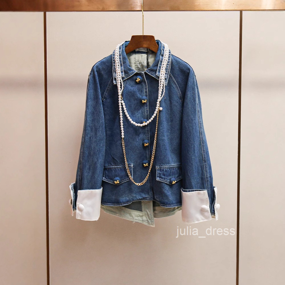 Womens Fashion Modern Pearl Chain Denim Jacket + Wide-Leg Pants + Skirt