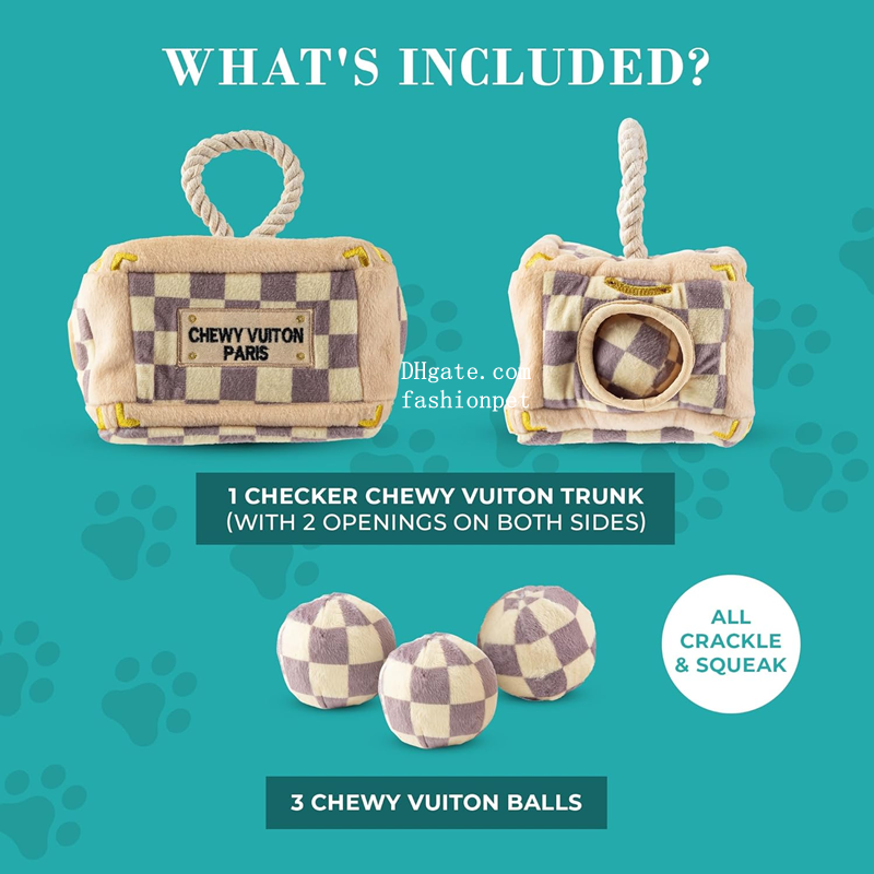 Plush Designer Dog Toys with Interactive Squeaker, Checker Chewy Vuiton Trunk Activity House, Chewing Accessory Handbag Ball Shape Luxury Pet Squeaky 