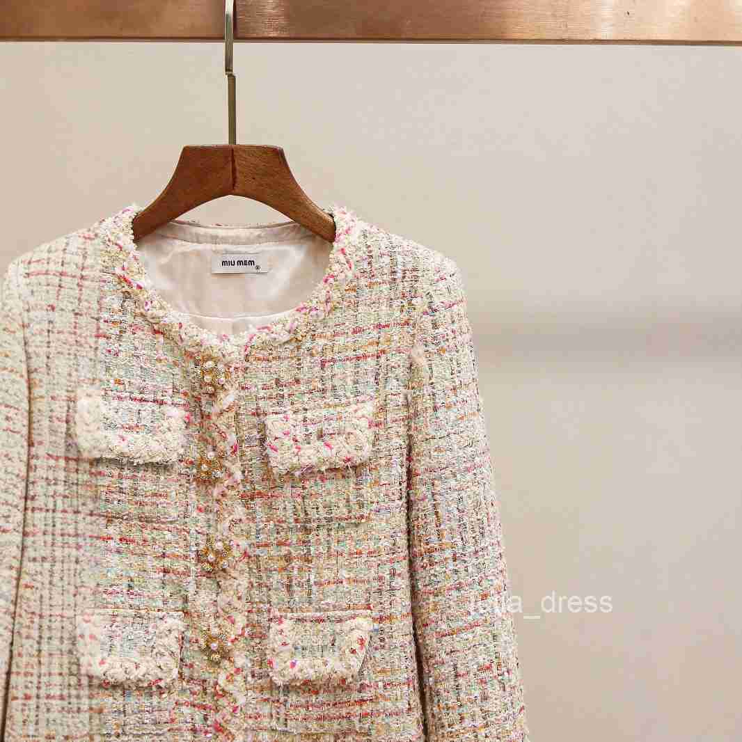 Autumn New High-end French Style Heavy Embellished Diamond Woven Tweed Round Neck Short Jacket for Women