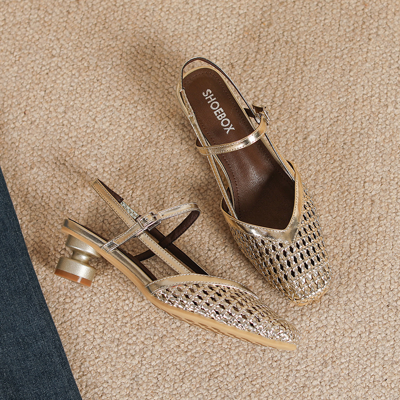 Lanjia- Women's Summer Sandals 2025 New Style Woven Sier Square High Outdoor Breathable Beach Designer Shoes With Exposed Toe Heels 7F30f