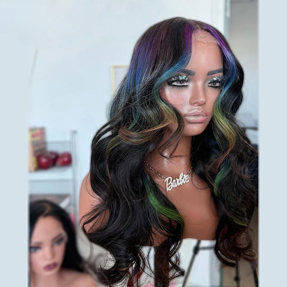 Highlight Ombre Purple Blue Green Multicolor 13x4 Transparent Lace Frontal Wig Synthetiv Body Wave PrePlucked Ready Go Closure Wig pelucas de mujer
